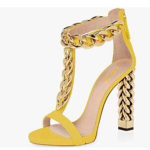 FSJ Yellow T-Strap Gold Metal Chain Chunky High Heel Open Toe Ankle Strap Sandal